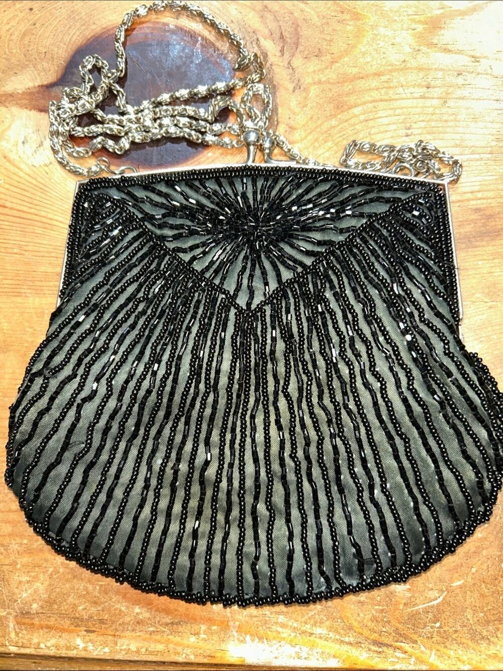 Vintage La Regale Ltd Black Beaded Evening Bag Handmade in Japan Kiss Lock Chain